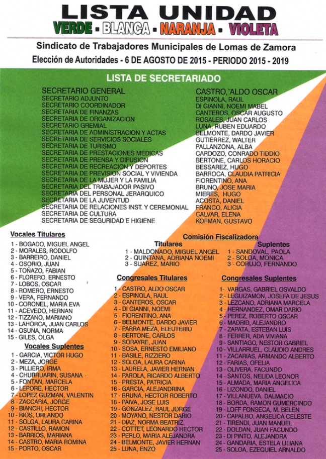 6 DE AGOSTO DE 2015 ELECCIONES EN EL STMLZ LISTA DE UNIDAD
