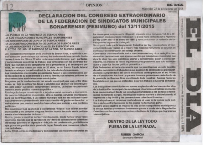 Solicitada de FESIMUBO en el Diario &quot;El Día&quot; de La Plata.